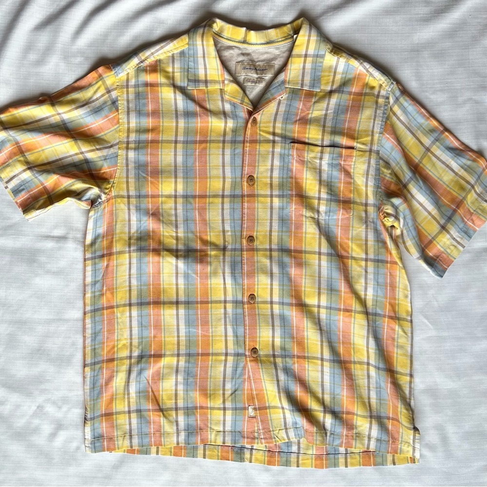 Men's Tommy Bahama 100% silk Yellow Plaid button up Shirt M medium [B8]